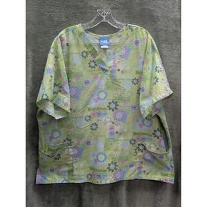 Earth Friendly‎ Scrub Top Womens 2XL Patchwork Eco Hippie Bright Green Floral
